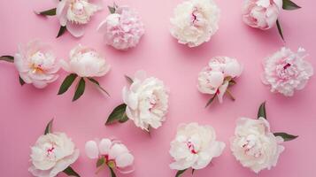 Beautiful Peonies Arranged on Pink Paper Background in Flat Lay Style photo
