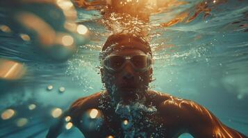Underwater View of a Swimmer In Mid-Stroke with Goggles in Crystal Clear Water photo