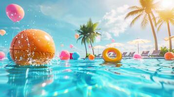 Vibrant Poolside Celebration With Colorful Balloons and Floats on a Sunny Day photo
