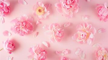 Pink Peonies on Paper Background - Flat Lay Flower Arrangement photo