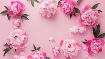 Beautiful Peonies on a Pastel Pink Background in Flat Lay Arrangement photo