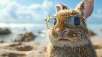 Cute Easter Bunny Wearing Sunglasses at the Beach on a Sunny Day photo