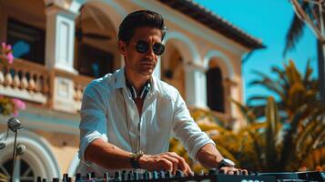 DJ Playing Music Outdoors in Mediterranean Villa, Sunny Day photo