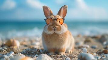 Cute Easter Bunny Wearing Sunglasses on Sandy Beach with Ocean in Background photo
