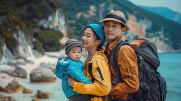 Asian Family Enjoying Beach Vacation with Young Child, Embracing Nature and Adventure photo