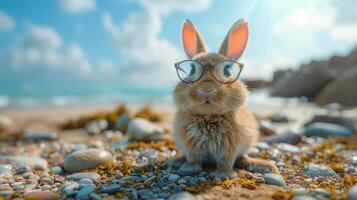 Adorable Easter Bunny with Glasses Sitting on Beach with Pebbles Under Sunny Sky photo
