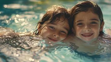 Happy Children Enjoying Swimming Together in a Pool on a Sunny Day photo