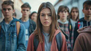 Group of Teenagers in a School Yard Expressing Gloomy Emotions photo
