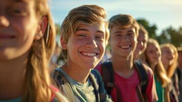 Happy Group of Teens Enjoying Time Together in School Yard photo