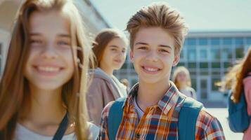 Happy Group of Teens in School Yard Enjoying Sunny Day photo