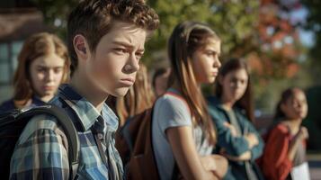 Gloomy Group of Teens In School Yard Expressing Concerns and Emotions photo