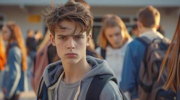 Gloomy Teenager Standing in School Yard Surrounded by Other Students photo
