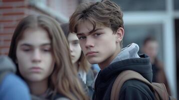 Gloomy Group of Teenagers in School Yard Conveying Emotions of Adolescence photo
