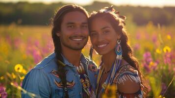 Happy Couple in Traditional Attire Enjoying a Bright Sunny Day in a Flower Field photo