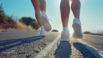 Close-Up of Two People Jogging On A Sunny Day Down An Open Road photo