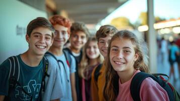 Group of Happy Teenagers Smiling and Standing Together in School Yard photo