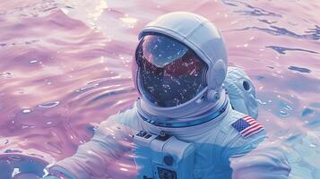 Hyperrealistic Fantasy Space Astronaut Floating in Water with Cosmic Reflection photo