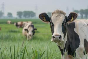 Holstein Cows Grazing in Green Pasture on a Dutch Farm photo