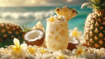 Tropical Pina Colada with Pineapple and Coconut on a Beach Setting photo