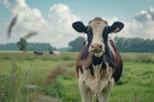 Holstein Cow Grazing in a Lush Green Dutch Farm Field on a Sunny Day photo
