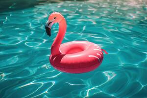 Inflatable Pink Flamingo Float in a Sparkling Blue Swimming Pool photo