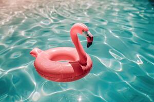 Bright Pink Inflatable Flamingo Floating in a Sparkling Outdoor Swimming Pool photo