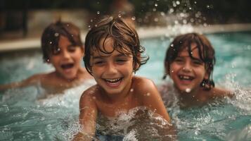 Three Happy Kids Playing and Splashing in a Pool on a Sunny Day photo