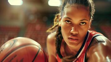 Focused Female Basketball Player in Action During an Intense Game photo