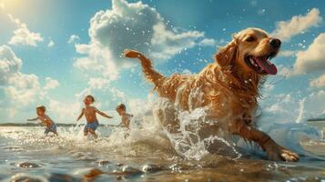 Joyful Dog and Children Playing in Water on Sunny Day at the Beach photo