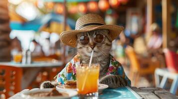 Cool Cat Enjoying a Summer Drink at a Vibrant Outdoor Cafe in a Straw Hat and Sunglasses photo