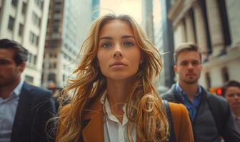 A cute businesswoman in suit going to work among crowd of busy people in urban city skyscrapers photo