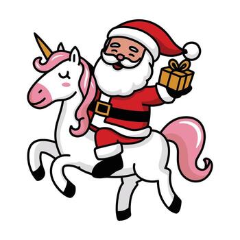 Papa Noel montando unicornio con regalo Navidad ilustración vector