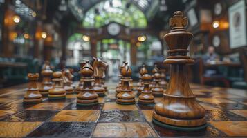 Chess on chess board game for business metaphor leadership concept select focus on king chess in vintage room photo