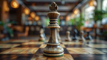 Chess on chess board game for business metaphor leadership concept select focus on king chess in vintage room photo