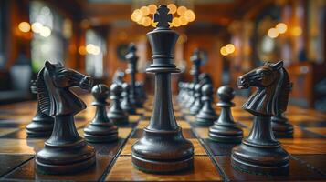 Chess on chess board game for business metaphor leadership concept select focus on king chess in vintage room photo