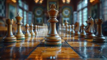 Chess on chess board game for business metaphor leadership concept select focus on king chess in vintage room photo