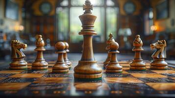 Chess on chess board game for business metaphor leadership concept select focus on king chess in vintage room photo
