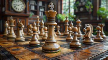 Chess on chess board game for business metaphor leadership concept select focus on king chess in vintage room photo