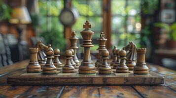Chess on chess board game for business metaphor leadership concept select focus on king chess in vintage room photo