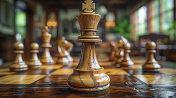 Chess on chess board game for business metaphor leadership concept select focus on king chess in vintage room photo