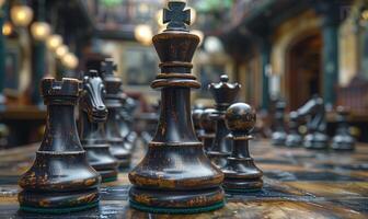 Chess on chess board game for business metaphor leadership concept select focus on king chess in vintage room photo