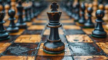 Chess on chess board game for business metaphor leadership concept select focus on king chess in vintage room photo