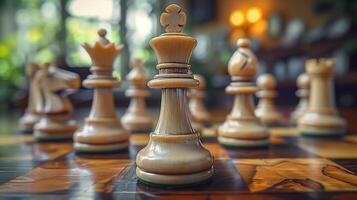 Chess on chess board game for business metaphor leadership concept select focus on king chess in vintage room photo