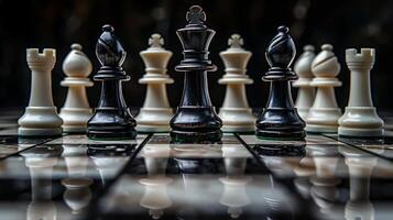 The set of chess pieces element, king and queen standing on chessboard on dark background, vertical style. photo