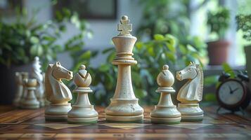Chess on chess board game for business metaphor leadership concept select focus on king chess in vintage room photo