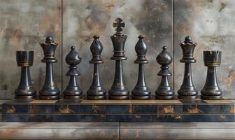 Chess set standing on stone background with copy space photo
