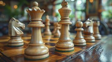 Chess on chess board game for business metaphor leadership concept select focus on king chess in vintage room photo