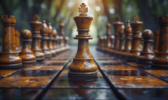 Chess on chess board game for business metaphor leadership concept select focus on king chess in outdoor photo