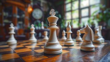 Chess on chess board game for business metaphor leadership concept select focus on king chess in vintage room photo