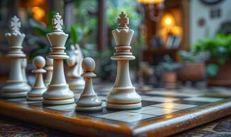 Chess on chess board game for business metaphor leadership concept select focus on king chess in vintage room photo